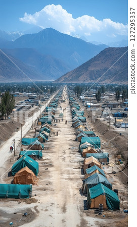 Rows of tents in a refugee camp amidst mountains and aid workers distributing supplies Rows of tents in a refugee camp amidst mountains and aid workers distributing supplies 127295357