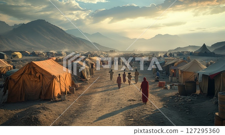 Rows of tents in refugee camp with aid workers distributing supplies in mountainous landscape 127295360