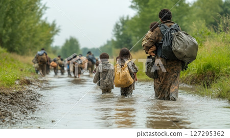 Refugees navigate a river with children and belongings on their challenging journey 127295362
