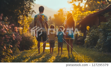 Family enjoys a creative day painting together in the backyard under the sun 127295379