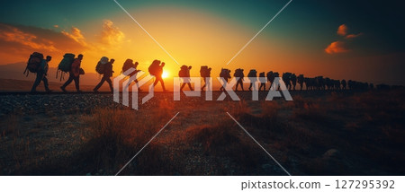 Long line of refugees walking along railway track at sunset symbolizing migration and endurance 127295392
