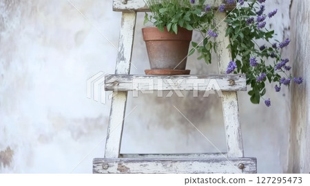 Cottagecore rustic shabby garden decorations featuring potted plants on weathered ladder 127295473