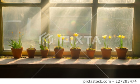Cottagecore rustic window flower arrangements with soft sunlight illuminating yellow blooms 127295474