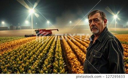 Night Harvesting Modern Cornfield Scene Night Harvesting Modern Cornfield Scene 127295633