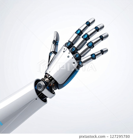 White and Blue Robotic Hand on White Background 127295780