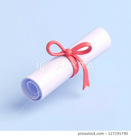 Rolled Certificate with Pink Ribbon on Light Blue Background 127295790