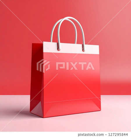 Red Paper Shopping Bag with White Handles on Red Background 127295844
