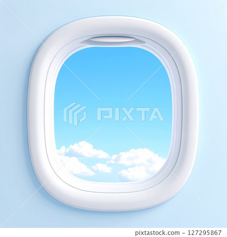 Airplane Window View: Blue Sky and White Clouds 127295867