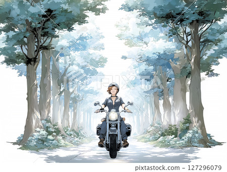 Illustration material of a woman riding a large cruiser bike on a touring road in the forest 127296079