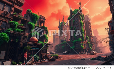 Overgrown City Under Crimson Skies 127296083