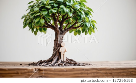 Small figure stands by a large tree symbolizing growth and nature. 127296198
