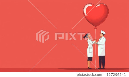 Healthcare professionals hold a heart-shaped balloon against a red background. 127296241