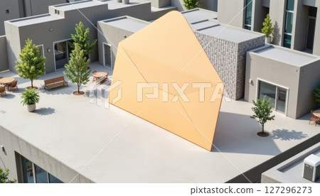 Large envelope sculpture on a modern urban rooftop. 127296273