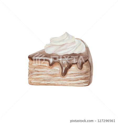 Watercolor illustration of a slice of puff pastry cake with rich dark chocolate frosting cream on a white background. Realistic style with smooth texture, perfect for menus, packaging, dessert design. Watercolor illustration of a slice of puff pastry cake with rich dark chocolate frosting cream on a white background. Realistic style with smooth texture, perfect for menus, packaging, dessert design. 127296561