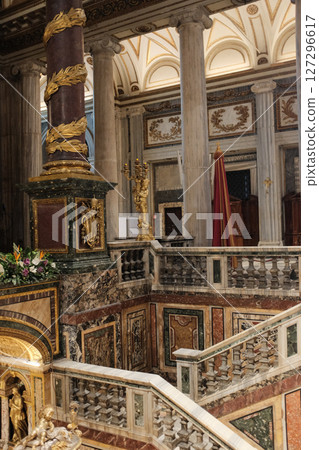 Upper chapel inside Basilica of Saint Mary Major Rome with baroque altar golden framing Christmas garlands and richly colored architectural details. High quality photo 127296617