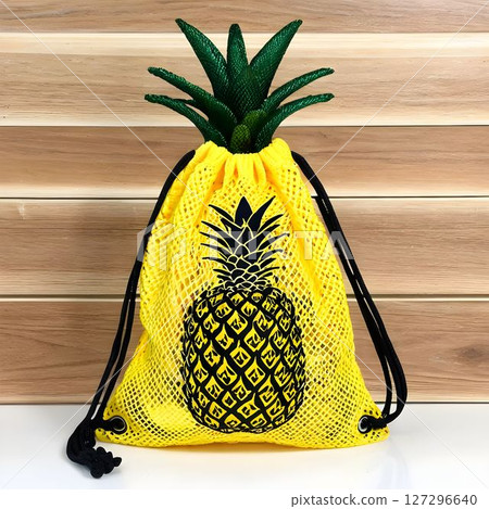 Colorful yellow pineapple-shaped bag displayed on a wooden background ideal for summer outings and beach activities 127296640