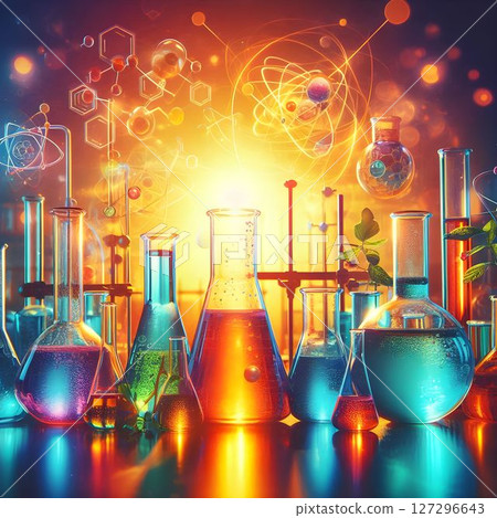 Colorful laboratory with various glass equipment and chemical reactions taking place during a vibrant sunset 127296643