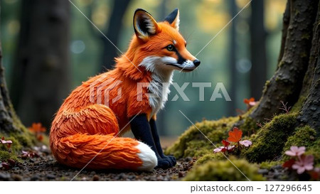 Lifelike fox statue in a tranquil forest setting surrounded by moss and autumn foliage during daylight hours 127296645