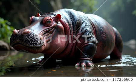 Hippopotamus wades through calm water in lush tropical environment during daylight 127296660