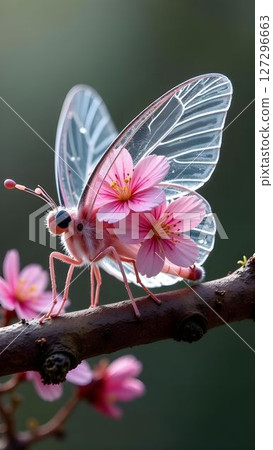 Butterfly with cherry blossom flowers perched on a twig in a serene garden setting during springtime 127296663