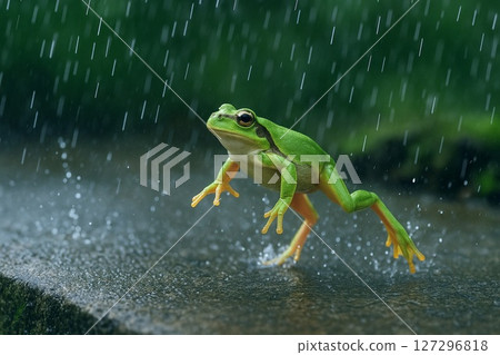 樹蛙雨景系列，一隻樹蛙在雨水浸濕的街道上跳躍 127296818