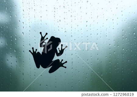 樹蛙雨景系列，樹蛙的影子緊貼在被雨水浸濕的窗戶上 127296819