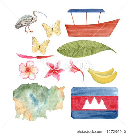 Cambodian map, flag, plumeria flower, boat, Ibis bird, bananas, watercolor illustration set isolated on white. Ideal for travel blogs, eco packaging, souvenirs, tourism branding, cultural designs 127296940