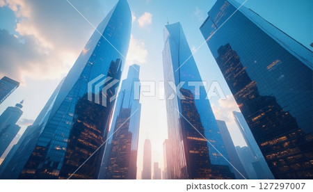 Skyscrapers Reflecting Sunrise Glow 127297007