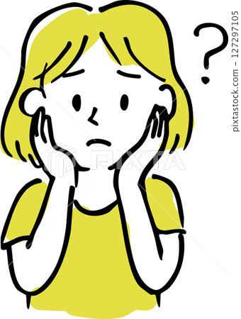 Illustration of a troubled woman (hand-drawn style, worries, questions) Illustration of a troubled woman with her hand on her cheek 127297105