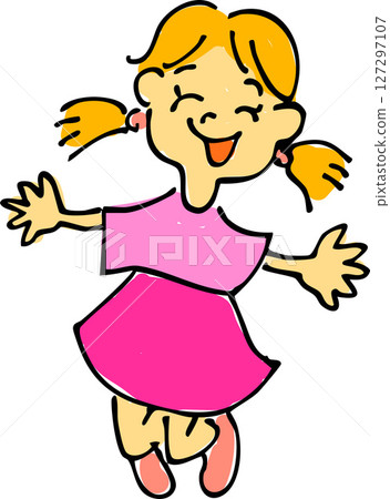 Illustration of a girl jumping (cheerful, hand-drawn style, children) Illustration of a girl jumping with a smile 127297107