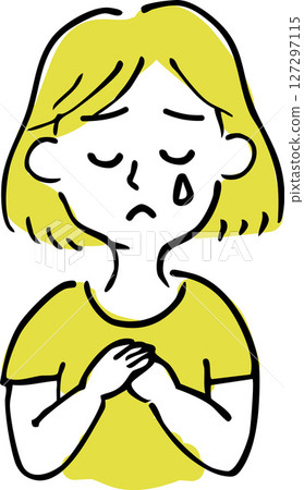 Illustration of a sad woman (emotions, tears, hand-drawn style) Illustration of a woman with her hands on her chest and crying (emotional expression, person) 127297115