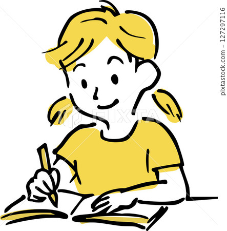 學習的女孩的插圖(學習,筆記本,兒童,手繪風格)在筆記本上寫字的女孩的插圖 學習的女孩的插圖(學習,筆記本,兒童,手繪風格)在筆記本上寫字的女孩的插圖 127297116