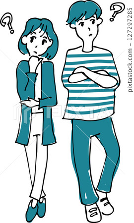 Illustration of a couple with questions and worries (lifestyle, consultation, hand-drawn style) Illustration of a man and woman deep in thought 127297285