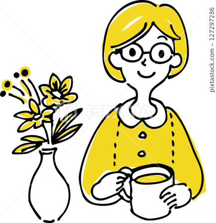 Illustration of a woman taking a break (hand-drawn style, relaxing, cafe) Illustration of a woman taking a break while drinking coffee 127297286