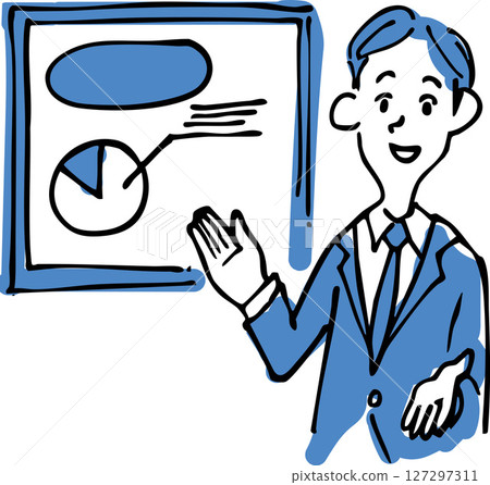 一位男士進行簡報的插圖（商務、解釋、手繪風格）一位男士使用材料進行解釋 127297311