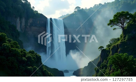 Majestic waterfall cascading into a lush valley surrounded by mist and greenery during a serene afternoon 127297785