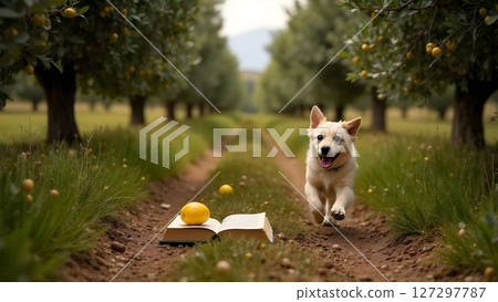 Dog runs joyfully through a lush orchard, enjoying a sunny day with a book and a lemon nearby 127297787