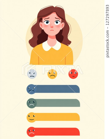 Colorful infographic depicting an emotional check-in scale with different facial expressions representing feelings of happiness, sadness, and neutrality. 127297893