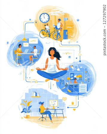 This infographic illustrates various techniques to establish a worklife wellness rhythm, highlighting meditation, exercise, and productive workspaces. 127297902
