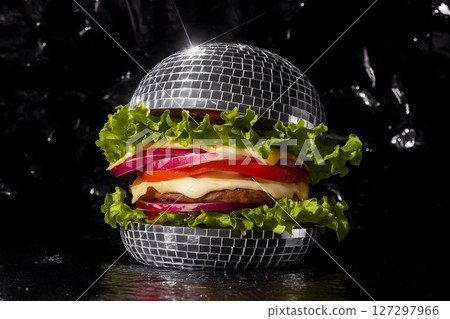 Unique disco ball burger displayed on a black background with vibrant vegetables and eye-catching presentation 127297966