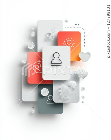 Infographic showcases UX design principles using overlapping cards and human-centered icons against a clean white background, highlighting key concepts. 127298131