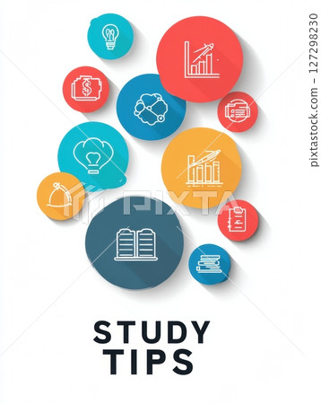 Infographic showcases study tips for exam preparation using bullet points and icons to help students organize their study strategy effectively. 127298230