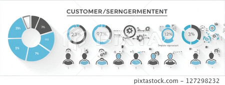 Infographic presents customer segmentation by demographics using pie charts and icons, designed with a clean layout to enhance understanding of data trends. 127298232
