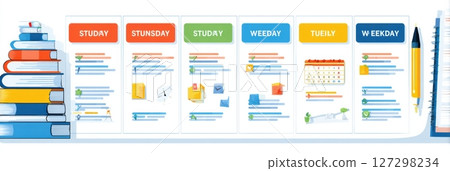 A visual study plan for students features organized weekly blocks with icons like books and calendars for better academic planning. 127298234