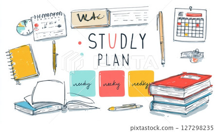 Colorful study plan infographic designed for students, showcasing a weekly schedule with icons of books, a calendar, and stationery items on a white background. 127298235