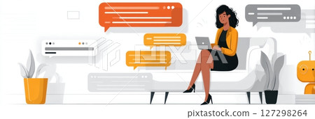 User interacts with a phishing bot designed as customer service chat in a minimal upper layout featuring bright message bubbles and clean aesthetics. 127298264