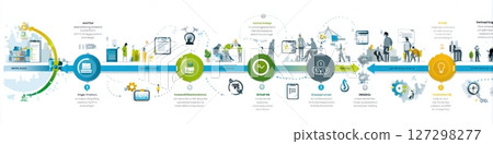 Visual overview of project management phases initiation, planning, execution, monitoring, and closing, with icons and a timeline for clarity. Visual overview of project management phases initiation, planning, execution, monitoring, and closing, with icons and a timeline for clarity. 127298277