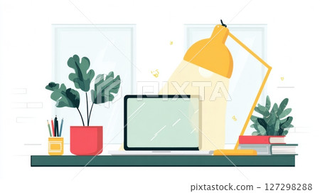 Create an inviting work from home environment with essential items like a laptop, plants, and a bright lamp to enhance productivity and comfort. Create an inviting work from home environment with essential items like a laptop, plants, and a bright lamp to enhance productivity and comfort. 127298288