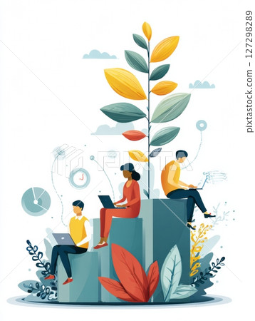 Infographic showcases young entrepreneurs engaging in mentorship, highlighting the advantages of guidance, support, and collaboration in their development. 127298289