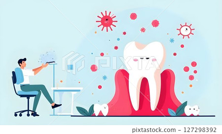 Dental care illustration showcasing a dentist treating a tooth surrounded by bacteria and viruses in a colorful environment 127298392
